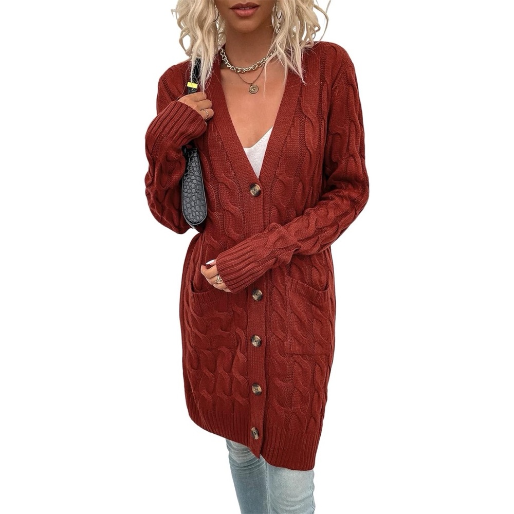Fashion Long Cable Knit Dress Cardigan in Red Women’s Size M
